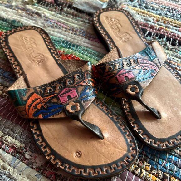 Amay Pe Hecho Vintage handmade Brown leather slide on sandals size 9 - Picture 1 of 16